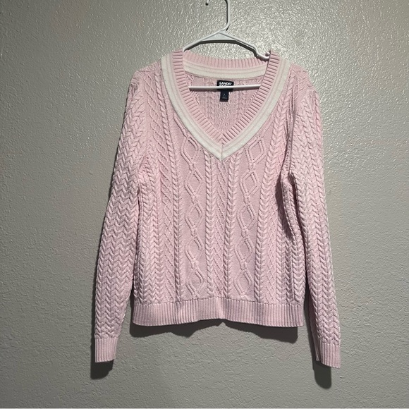 Lands' End Light Pink V-Neck Drifter Cable Sweater - Picture 2 of 5